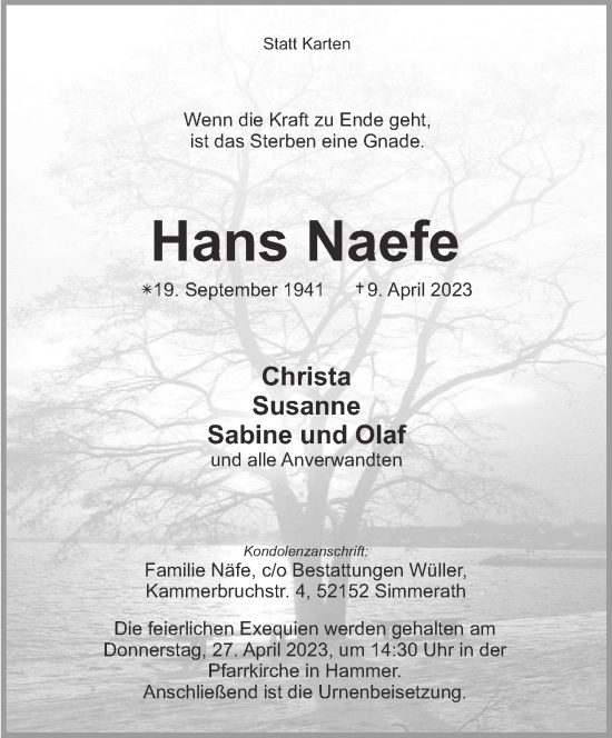 Traueranzeige von Hans Naefe von Aachener Zeitung