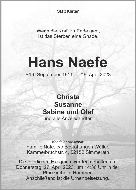 Traueranzeige von Hans Naefe von Zeitung am Sonntag