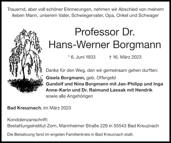 Traueranzeige von Hans-Werner Borgmann von Zeitung am Sonntag