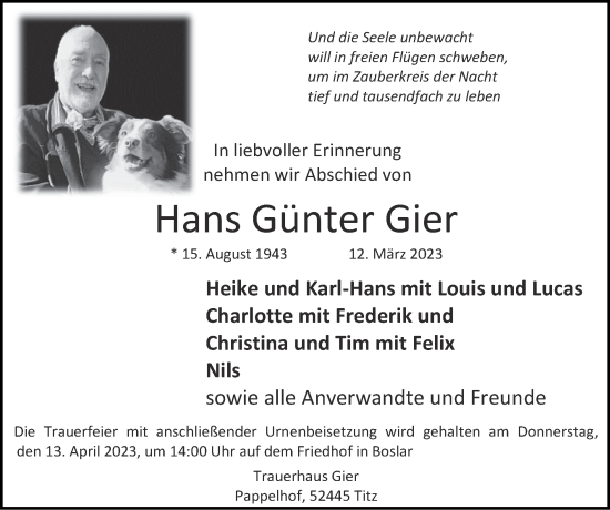 Traueranzeige von Hans Günter Gier von Zeitung am Sonntag
