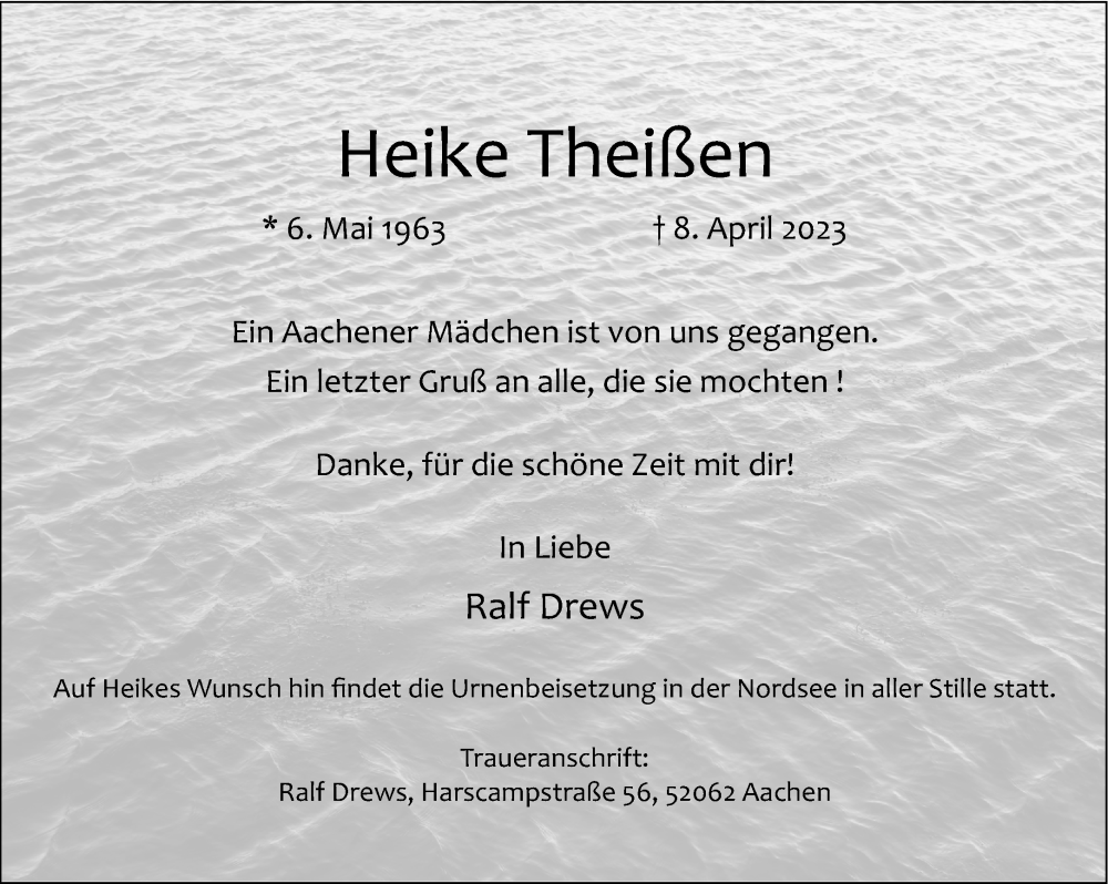  Traueranzeige für Heike Theissen vom 15.04.2023 aus Aachener Zeitung