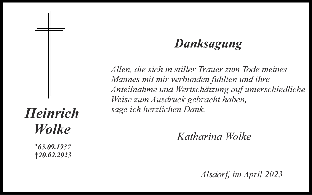  Traueranzeige für Heinrich Wolke vom 16.04.2023 aus Zeitung am Sonntag