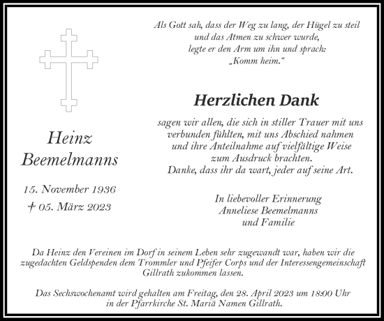 Traueranzeige von Heinz Beemelmanns von Zeitung am Sonntag
