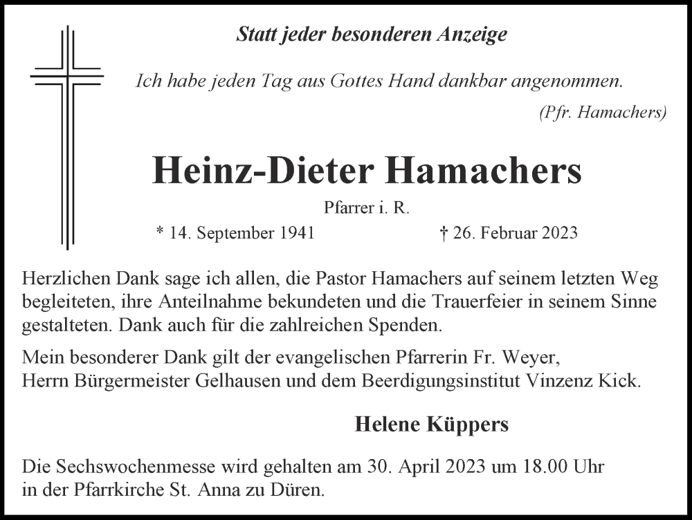  Traueranzeige für Heinz-Dieter Hamachers vom 23.04.2023 aus Zeitung am Sonntag