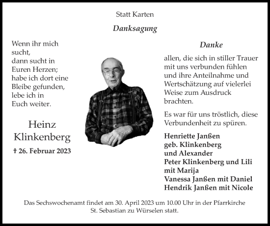 Traueranzeige von Heinz Klinkenberg von Zeitung am Sonntag