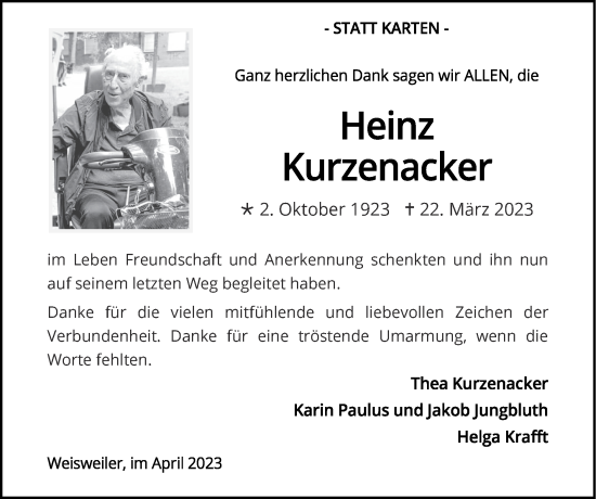 Traueranzeige von Heinz Kurzenacker von Zeitung am Sonntag