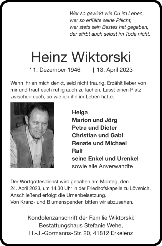 Traueranzeige von Heinz Wiktorski von Zeitung am Sonntag
