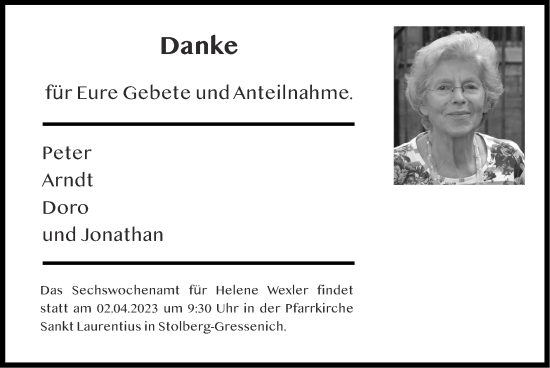 Traueranzeige von Helene Wexler von Zeitung am Sonntag