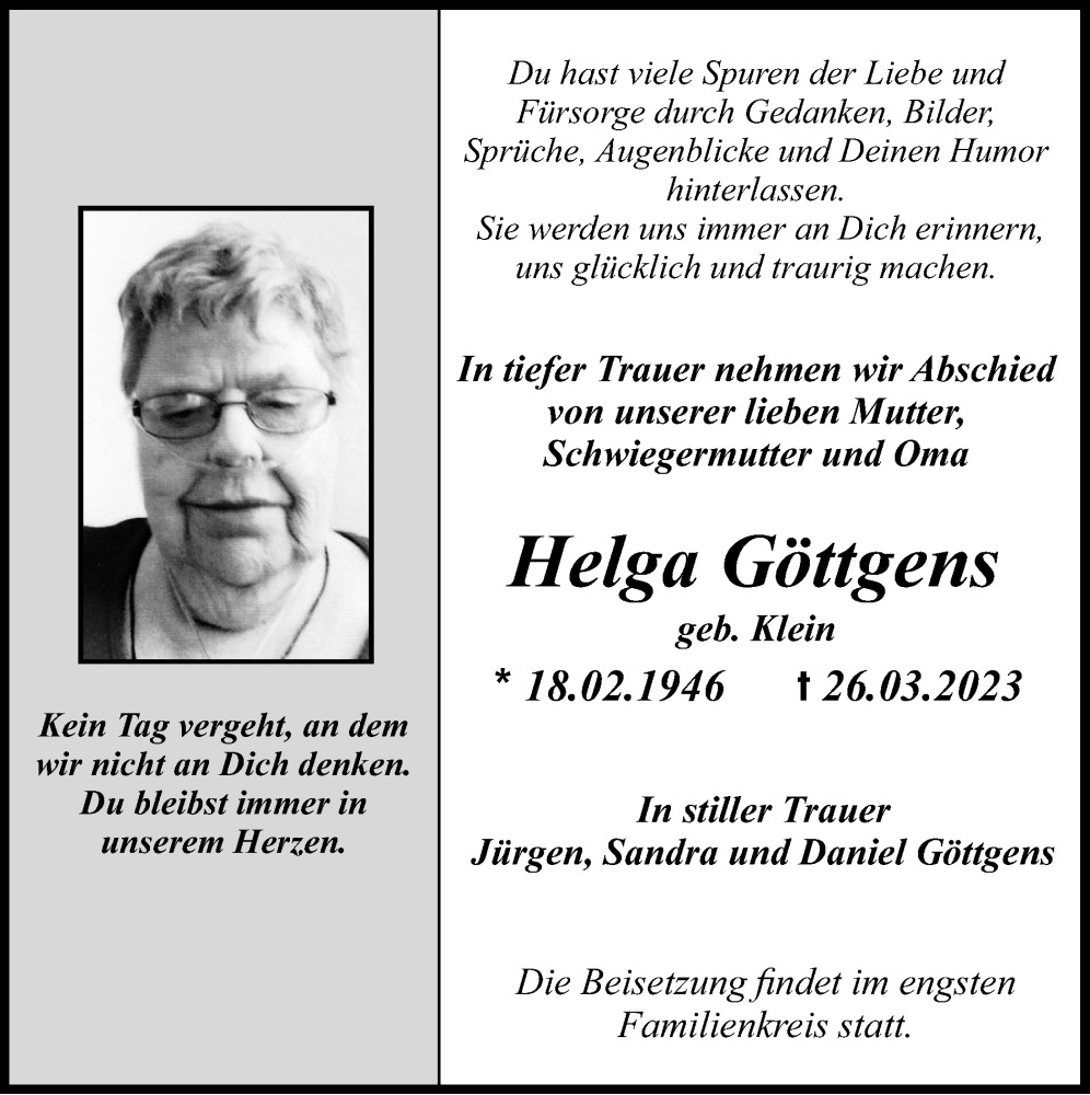  Traueranzeige für Helga Göttgens vom 16.04.2023 aus Zeitung am Sonntag