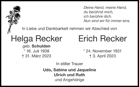 Traueranzeigen von Helga Recker | Aachen gedenkt