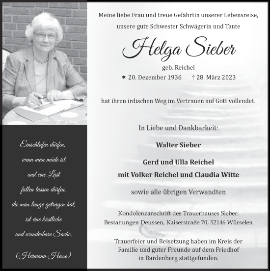 Traueranzeige von Helga Sieber von Zeitung am Sonntag