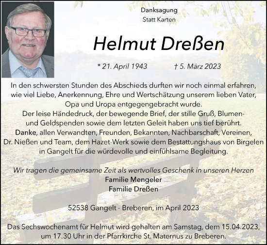 Traueranzeige von Helmut Dreßen von Zeitung am Sonntag