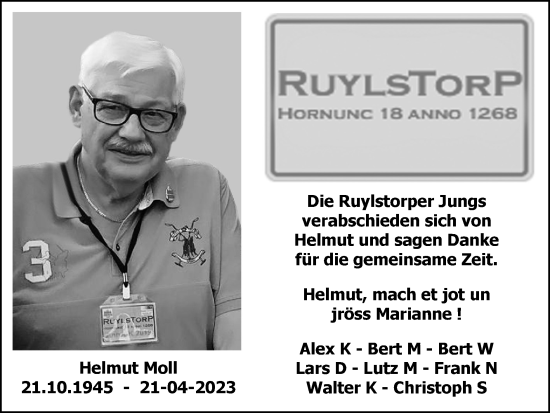 Traueranzeige von Helmut Moll von Zeitung am Sonntag