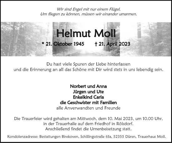 Traueranzeige von Helmut Moll von Zeitung am Sonntag