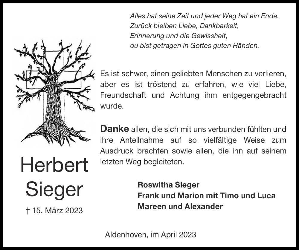  Traueranzeige für Herbert Sieger vom 23.04.2023 aus Zeitung am Sonntag