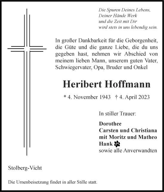 Traueranzeige von Heribert Hoffmann von Zeitung am Sonntag