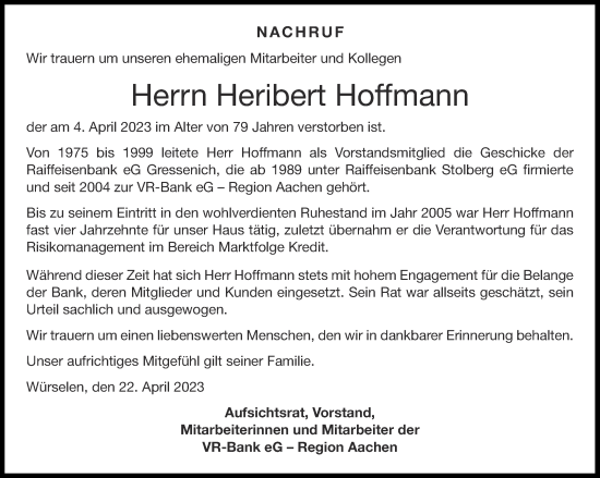Traueranzeige von Heribert Hoffmann von Aachener Zeitung