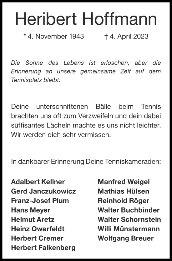 Traueranzeige von Heribert Hoffmann von Zeitung am Sonntag
