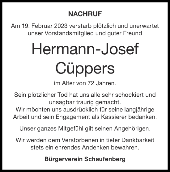 Traueranzeige von Hermann-Josef Cüppers von Zeitung am Sonntag