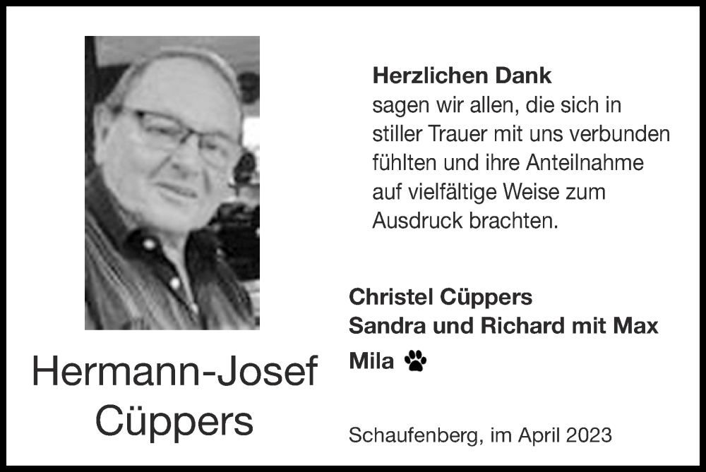  Traueranzeige für Hermann-Josef Cüppers vom 09.04.2023 aus Zeitung am Sonntag