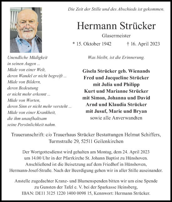 Traueranzeige von Hermann Strücker von Zeitung am Sonntag