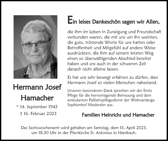 Traueranzeige von Hermann Josef Hamacher von Zeitung am Sonntag