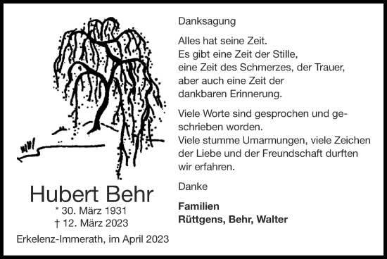 Traueranzeige von Hubert Behr von Zeitung am Sonntag