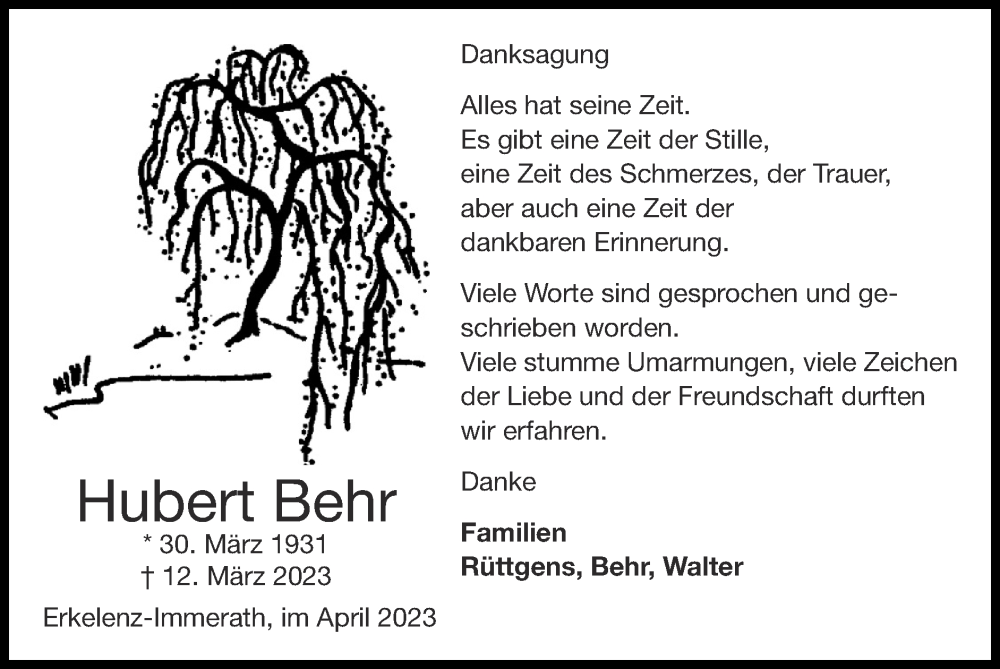  Traueranzeige für Hubert Behr vom 23.04.2023 aus Zeitung am Sonntag