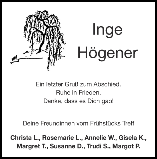 Traueranzeige von Inge Högener von Zeitung am Sonntag