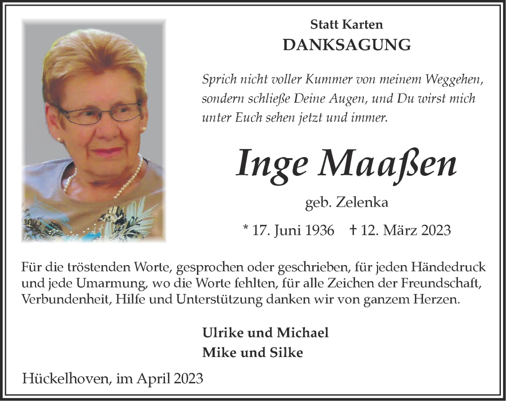  Traueranzeige für Inge Maaßen vom 16.04.2023 aus Zeitung am Sonntag