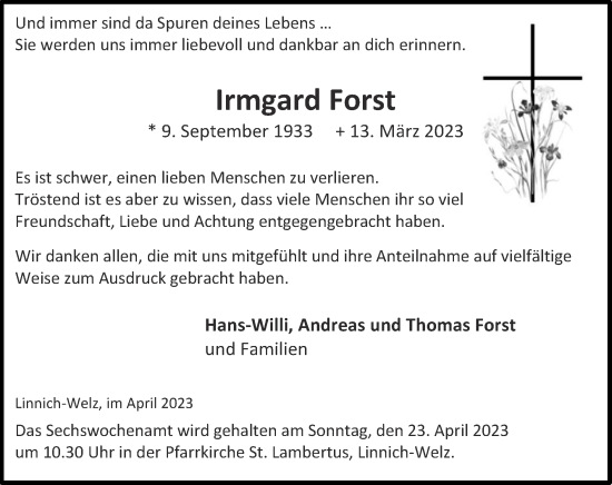 Traueranzeige von Irmgard Forst von Zeitung am Sonntag