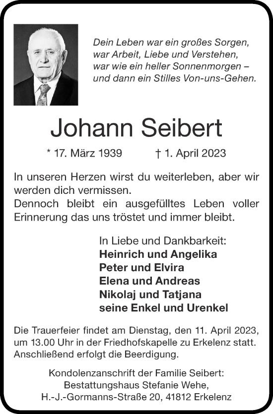 Traueranzeigen von Johann Seibert Aachen gedenkt