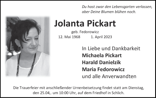Traueranzeige von Jolanta Pickart von Zeitung am Sonntag