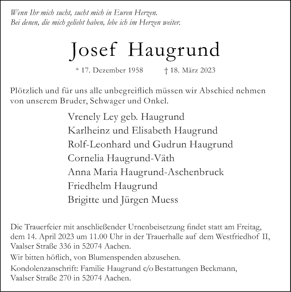  Traueranzeige für Josef Haugrund vom 09.04.2023 aus Zeitung am Sonntag