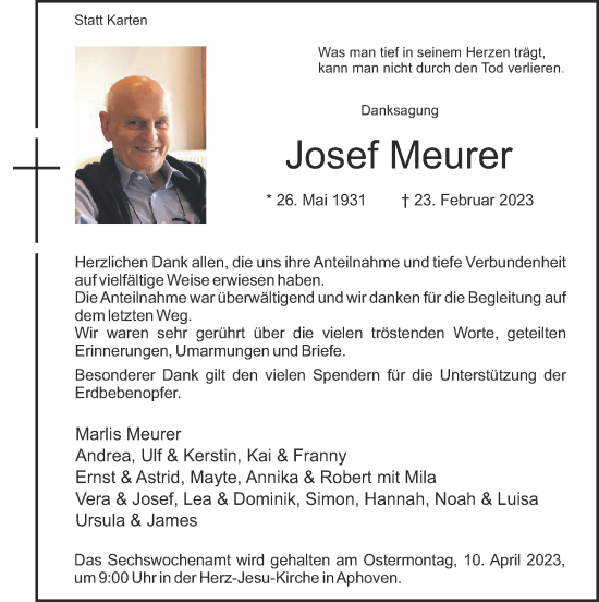 Traueranzeige von Josef Meurer von Zeitung am Sonntag