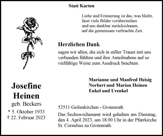 Traueranzeige von Josefine Heinen von Zeitung am Sonntag