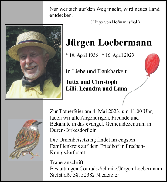 Traueranzeige von Jürgen Loebermann von Zeitung am Sonntag