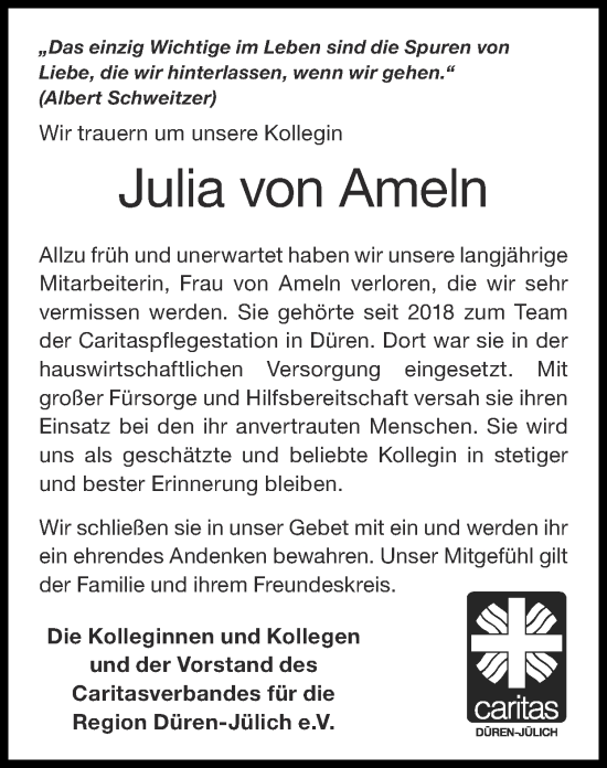 Traueranzeige von Julia von Ameln von Zeitung am Sonntag