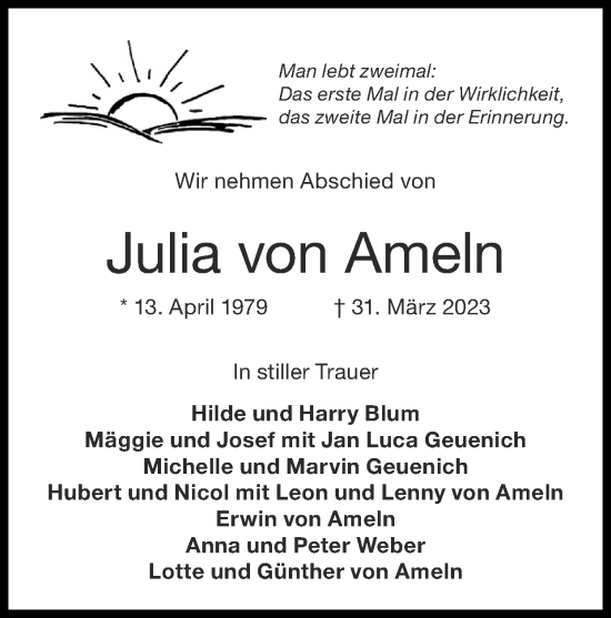 Traueranzeige von Julia von Ameln von Zeitung am Sonntag