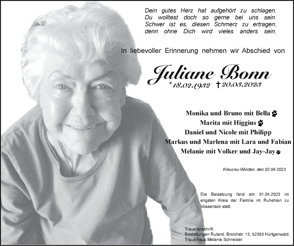  Traueranzeige für Juliane Bonn vom 02.04.2023 aus Zeitung am Sonntag