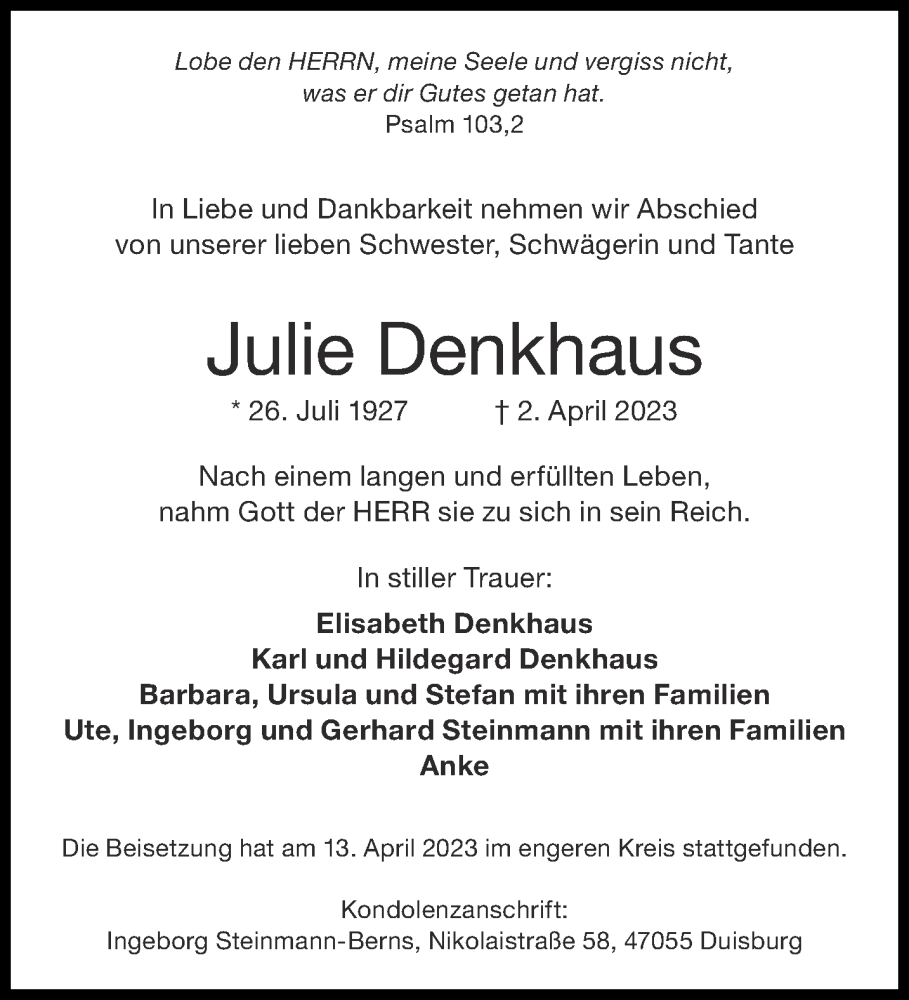  Traueranzeige für Julie Denkhaus vom 15.04.2023 aus Aachener Zeitung