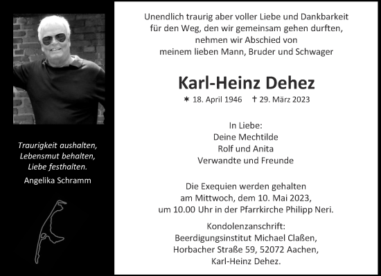 Traueranzeige von Karl-Heinz Dehez von Aachener Zeitung
