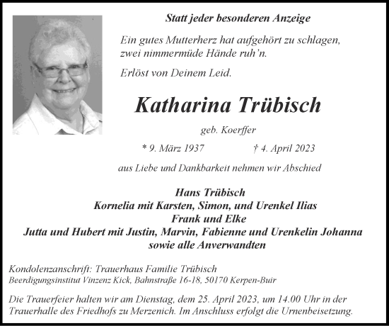 Traueranzeige von Katharina Trübisch von Zeitung am Sonntag
