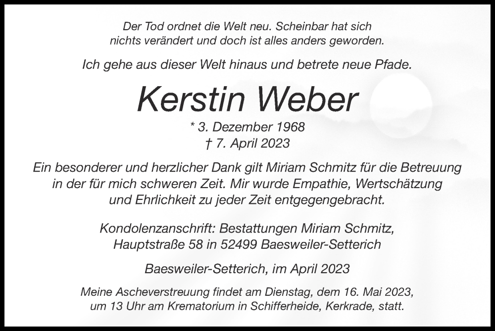  Traueranzeige für Kerstin Weber vom 23.04.2023 aus Zeitung am Sonntag