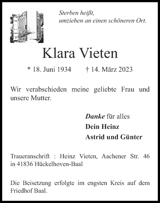 Traueranzeige von Klara Vieten von Zeitung am Sonntag