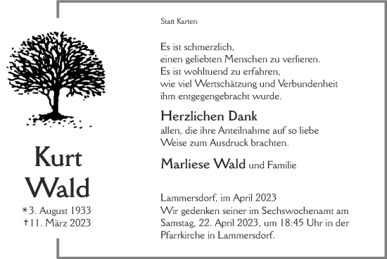 Traueranzeige von Kurt Wald von Zeitung am Sonntag