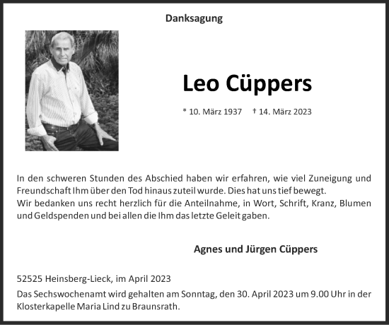 Traueranzeige von Leo Cüppers von Zeitung am Sonntag