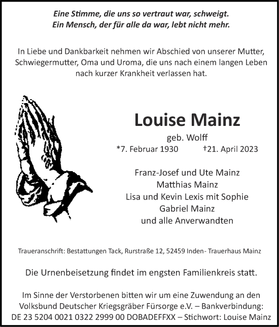 Traueranzeige von Louise Mainz von Zeitung am Sonntag