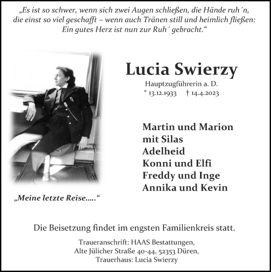 Traueranzeige von Lucia Swierzy von Zeitung am Sonntag