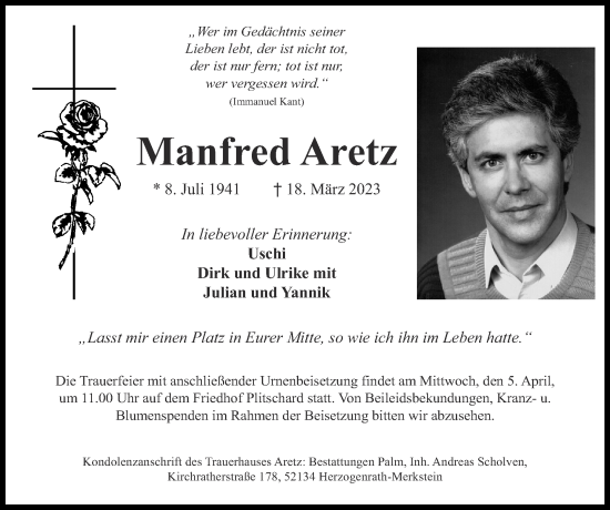 Traueranzeige von Manfred Aretz von Zeitung am Sonntag
